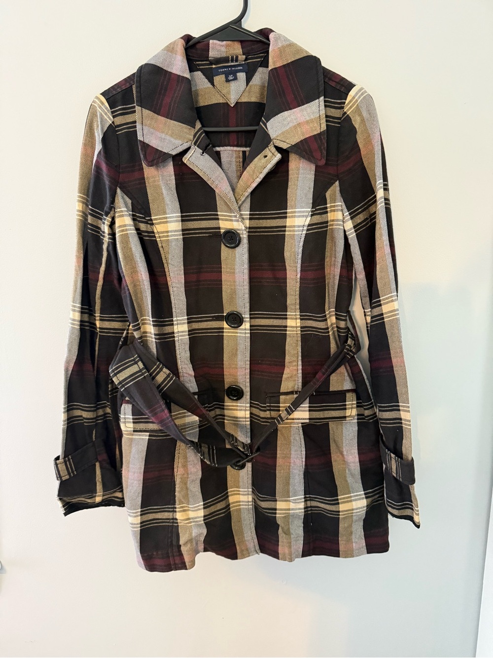 Tommy Hilfiger plaid belted trench coat size small 100% cotton